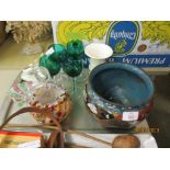 TRAY CONTAINING ORIENTAL CLOISONNE JARDINIERE (A/F) AND GREEN WINE GLASSES ETC