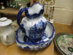 LARGE POTTERY JUG AND BASIN WITH BLUE AND WHITE DESIGN