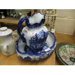 LARGE POTTERY JUG AND BASIN WITH BLUE AND WHITE DESIGN