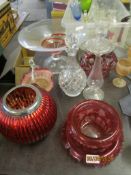 GLASS WARES INCLUDING DECANTER, CANDLESTICK, LARGE ART GLASS BOWL, SMALL CUT GLASS BASKET