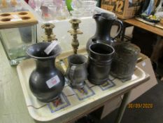 TRAY CONTAINING POTTERY MAINLY PRINKNASH AND PAIR OF BRASS CANDLESTICKS