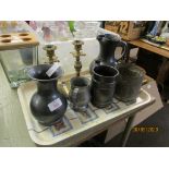 TRAY CONTAINING POTTERY MAINLY PRINKNASH AND PAIR OF BRASS CANDLESTICKS