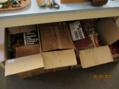 BOXES OF BOOKS INCLUDING VOGUE PATTERN MAGAZINES AND OTHER SOFTBACK NOVELS ETC