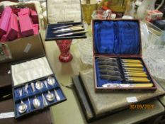 FIVE BOXES OF PLATED WARES INCLUDING FISH KNIVES AND FORKS AND DESSERT KNIVES