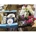 TWO BOXES OF CHINA ITEMS INCLUDING FLORAL PLATES AND A ROYAL DOULTON PLATE COMMEMORATING THE