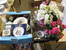 TWO BOXES OF CHINA ITEMS INCLUDING FLORAL PLATES AND A ROYAL DOULTON PLATE COMMEMORATING THE