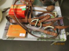 TRAY CONTAINING VARIOUS LEATHER STRAPS AND TIN BOX CONTAINING CIGARETTE CARDS