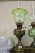 OIL LAMP WITH GREEN GLASS SHADE