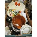 BOX OF FAIRLY MODERN CERAMICS INCLUDING WILKINSONS HONEY GLAZE SERVING DISH