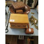 WOODEN JEWELLERY BOX, CARVED WOODEN BOX, LARGE WOODEN BOWL AND WOODEN GAVEL