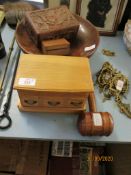 WOODEN JEWELLERY BOX, CARVED WOODEN BOX, LARGE WOODEN BOWL AND WOODEN GAVEL