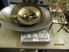 LARGE CHROME TRAY, VARIOUS OTHER METAL IMPLEMENTS INCLUDING TRIVET AND PLATED SAUCE BOAT