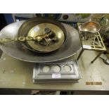 LARGE CHROME TRAY, VARIOUS OTHER METAL IMPLEMENTS INCLUDING TRIVET AND PLATED SAUCE BOAT