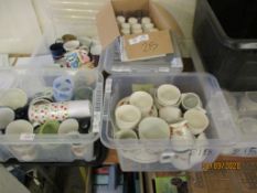 FOUR PLASTIC BOXES OF MODERN CHINA, CUPS AND SAUCERS ETC