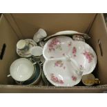 BOX OF VARIOUS CHINA INCLUDING ROYAL WORCESTER CUPS AND SAUCERS WITH BLUE FLORAL DECORATION