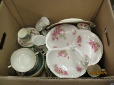 BOX OF VARIOUS CHINA INCLUDING ROYAL WORCESTER CUPS AND SAUCERS WITH BLUE FLORAL DECORATION