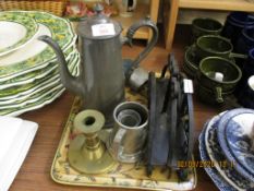 TRAY CONTAINING PEWTER WARES AND CANDLESTICKS