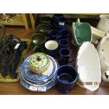 GROUP OF CROCKERY, MAINLY BLUE AND WHITE PLATES AND TAMS BOWLS AND SAUCERS