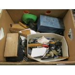 BOX CONTAINING VARIOUS ITEMS OF WOOD AND MISC ITEMS INCLUDING A VIBRO ELECTRA MASSAGE UNIT