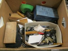 BOX CONTAINING VARIOUS ITEMS OF WOOD AND MISC ITEMS INCLUDING A VIBRO ELECTRA MASSAGE UNIT