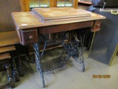 VINTAGE TREADLE SEWING MACHINE/TABLE, 90CM WIDE