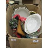 BOX OF VARIOUS CROCKERY AND PYREX SERVING DISHES