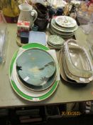 MIXED CHINA WARE, SERVING DISHES AND FURTHER TRAY WITH CHINA ITEMS INCLUDING LARGE BROWN GLAZED