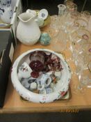 VARIOUS CHINA INCLUDING ORIENTAL BOWL WITH PLUM BLOSSOM AND CHILDREN, VARIOUS CRANBERRY DECANTER AND