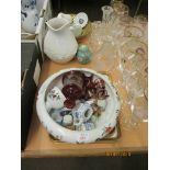 VARIOUS CHINA INCLUDING ORIENTAL BOWL WITH PLUM BLOSSOM AND CHILDREN, VARIOUS CRANBERRY DECANTER AND
