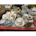 TRAY OF MIXED CERAMICS INCLUDING A ROYAL CROWN DERBY BREAKFAST CUP AND SAUCER AND PAIR OF ORIENTAL
