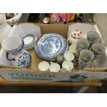 BOX CONTAINING VARIOUS BLUE AND WHITE CHINA INCLUDING TWO PEARL WARE OVAL DISHES