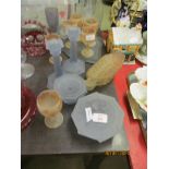 VARIOUS OPAQUE GLASS WARES INCLUDING SET OF SIX GLASSES, PAIR OF CANDLESTICKS ETC