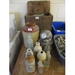 GROUP OF STONEWARE BOTTLES AND JARS INCLUDING SOME FOR BULLARD & SONS, NORWICH AND OTHER GLASS
