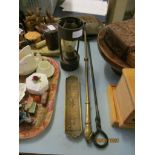 BRASS DISH AND LAMP AND FIRESIDE IMPLEMENTS