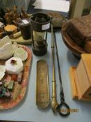 BRASS DISH AND LAMP AND FIRESIDE IMPLEMENTS