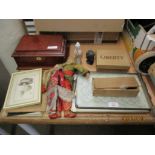 TWO NEEDLEWORK SAMPLERS IN METAL FRAMES, BOX CONTAINING VARIOUS ENGLISH COINAGE, BOX MARKED “