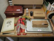 TWO NEEDLEWORK SAMPLERS IN METAL FRAMES, BOX CONTAINING VARIOUS ENGLISH COINAGE, BOX MARKED “