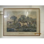 PRINT OF A HUNTING SCENE “BREAKING COVER” TOGETHER WITH ANOTHER PRINT “THE MEET” AND “THE DEATH” (