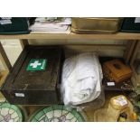 WOODEN FIRST AID BOX AND OTHER ITEMS INCLUDING A WRITING SET