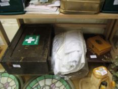 WOODEN FIRST AID BOX AND OTHER ITEMS INCLUDING A WRITING SET