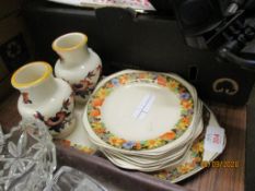 MID-20TH CENTURY POTTERY SANDWICH SET AND TWO VASES WITH ORIENTAL DESIGN