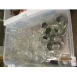 PLASTIC BOX OF MIXED GLASS INCLUDING BRANDY GLASSES, WINE GLASSES ETC