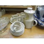 STUDIO POTTERY TEA SET COMPRISING LARGE JUG AND COVER AND SEVEN SMALL CUPS AND SAUCERS
