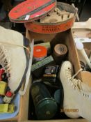 PAIR OF ICE SKATING BOOTS AND VARIOUS SUNDRIES INCLUDING OLD TINS