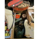 PAIR OF ICE SKATING BOOTS AND VARIOUS SUNDRIES INCLUDING OLD TINS