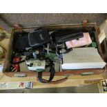 SMALL LEATHER SUITCASE CONTAINING CAMERA EQUIPMENT AND MODEL CARS