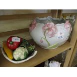 POTTERY MODEL OF VEGETABLES IN A TRAY TOGETHER WITH A JARDINIERE