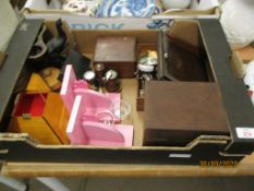 BOX OF WOODEN ITEMS AND PLATED WARES AND SMALL WOODEN BOX