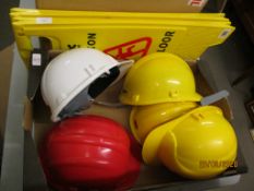 BOX OF HARD HATS AND WARNING SIGNS