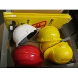 BOX OF HARD HATS AND WARNING SIGNS